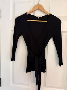Express Black Wrap Tie-Front Ribbed Top - Women